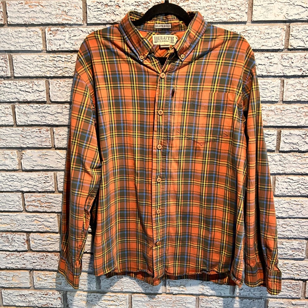 Duluth Trading Co Mens Large Orange Plaid Untucked Long Sleeve Button Down Shirt